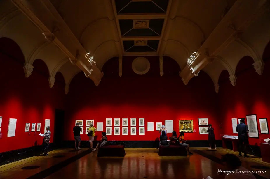 Red regal interior of the Queens Gallery Splendours of the Indian subcontinent exhibition