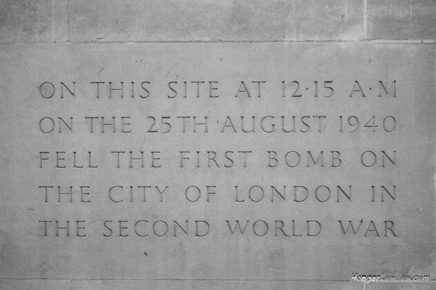 Memorial stone from city of London first bomb site 1940 on24th August into 25th August. Location EC2 currently Salters' Company.