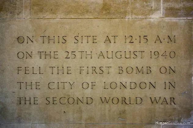 25th August 1940 RAF Bomber Command Launched: Monument 3 25th August first bomb drop city of London WW2 1940 memorial stone EC2 at what is now Salters' Company