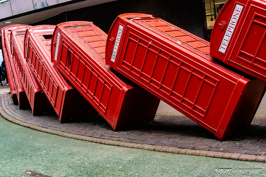 K6 Telephone box artwork Kingston upon Thames. By David Mach 12 boxes entitled "Out of Order" 