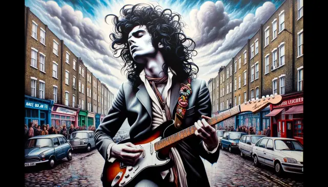 Artistic portrayal of Marc Bolan in Hackney, London, emphasising his passion for music and the iconic era of the late 1960s