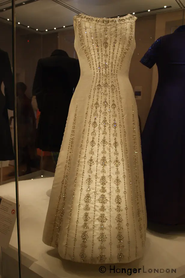 Princess Margaret, wore this dress in 1977 for the Silver Jubilee celebrations and when she met ABBA 1978 to present the Carl Alan award at the Variety Club Lunch. Gown by Designer Norman Hartnell. During a previous Kensington Palace exhibition.