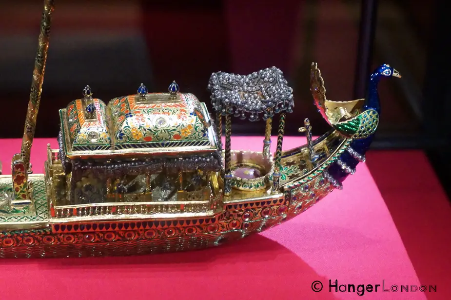 Splendours of South East Asia two exhibitions 9 Peacock Barge Inkstand from 1876 presented to the British prince by the Marharaja Benares. Made from Gold, pearls,enamel, silk, silver guilt thread, glass beads ,diamonds, sapphires