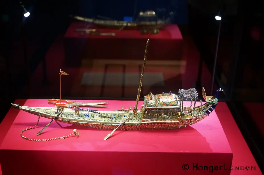 Peacock Barge Inkstand from 1876 presented to the British prince by the Marharaja Benares. Made from Gold, pearls,enamel, silk, silver guilt thread, glass beads ,diamonds, sapphires