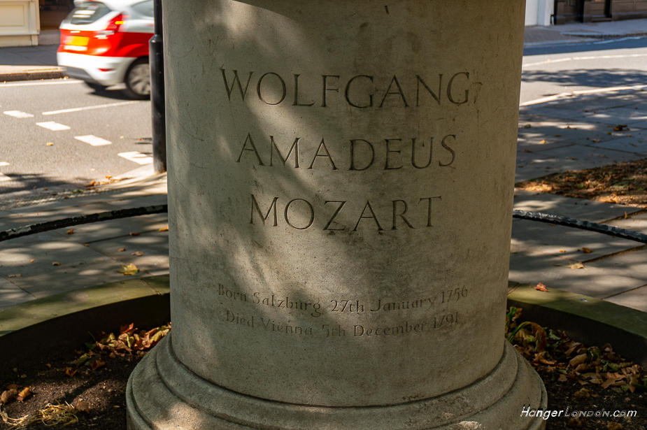 Mozart Statue Belgravia base stone text