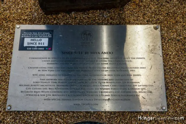 9/11 artwork memorial Stratford Olympic park floor disc info location
