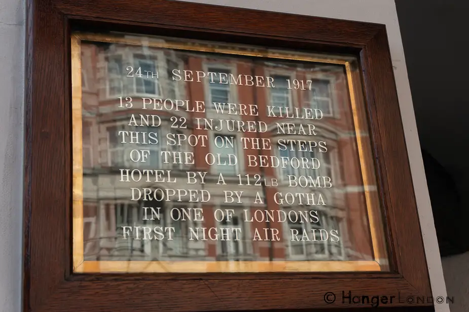 WW1 London site of a bomb dropped by a Gotha 1917 1 WW1 bomb drop plaque 24th Sept 1917 Bedford Hotel 83- 93 Southampton Row, London WC1B 4HD