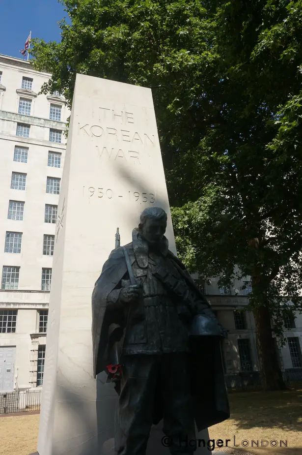 Korean War Memorial London. by Sculpture Philip Jackson. Portland stone obelisk, base Welsh Slate Gift from the South Korean Government.Outside the Ministry of Defence since Dec 2014