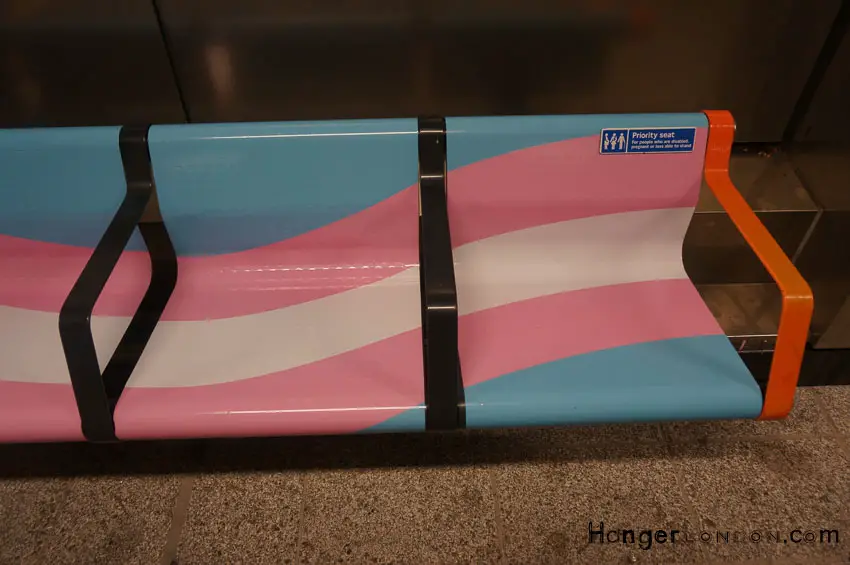 TFL tube platform seats in the spirit to use other colours of the Rainbow Flag for Pride London 2018
