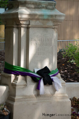 Emmeline Pankhurst statue stone base text Tower Victoria Gardens