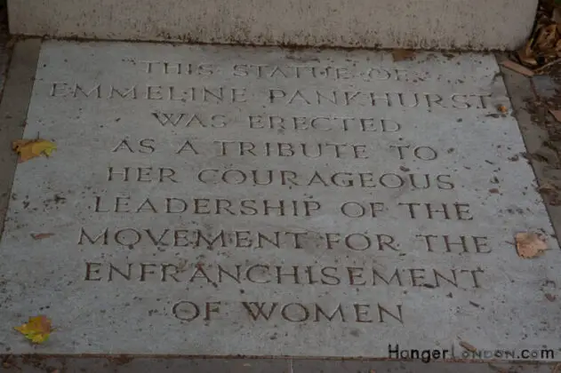 Emmeline Pankhurst statue stone base text Tower Victoria Gardens
