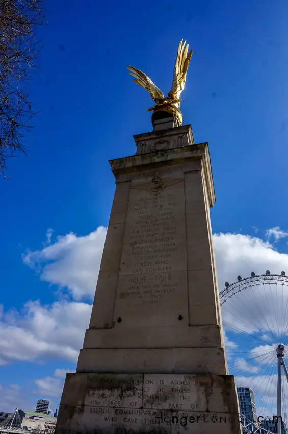 Tour of London's 'Battle Of Britain' & Other War Memorials 13 RAF memorial Eagle at the Embankment Thames London. Opened in 1923, Grade II listed in 1958 and by 2018 Grade II* listed