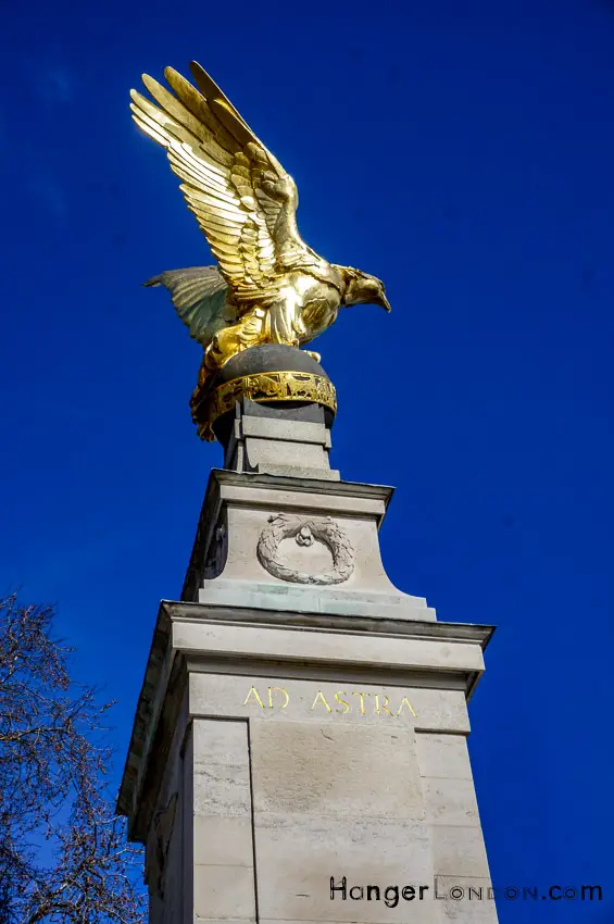 Tour of London's 'Battle Of Britain' & Other War Memorials 14 RAF memorial Eagle at the Embankment Thames London. Opened in 1923, Grade II listed in 1958 and by 2018 Grade II* listed