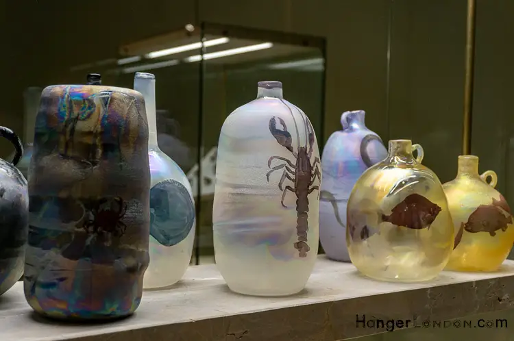 Francis Upritchard Sculptured Art - Wetwang Slack 7 Curve Gallery Barbican Artist Francis Upritchard delicate coloured glass/ ceramic style pots urns jars