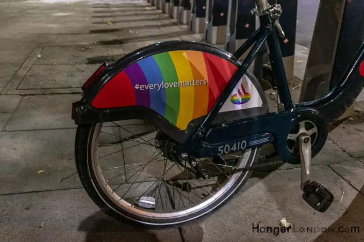 Hire bikes with Pride flag on the streets of London