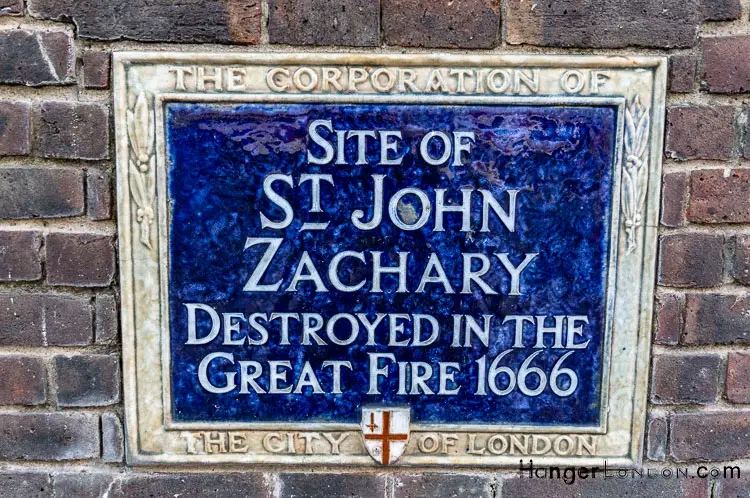 From The Blitz to Blooms: Goldsmiths' Garden in the Heart of London 2 Plaque Blue Corporation of London "Site of ST John Zachary Destroyed in the Great Fire 1666
