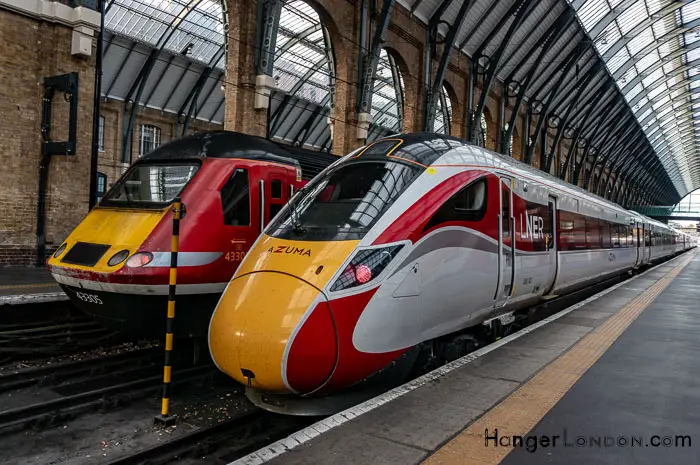 Ride the Fastest Trains in London with Azuma 7 Yellow and Red nose of Azuma Train sitting at Kings Cross St Pancras Station