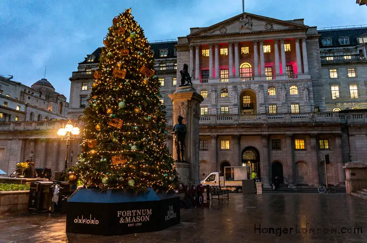 Bank of England facing the christmas tree outside the Royal Exchange