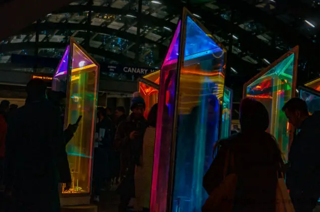 Prismatica spinning prisms at night at winter Lights, Canary Wharf