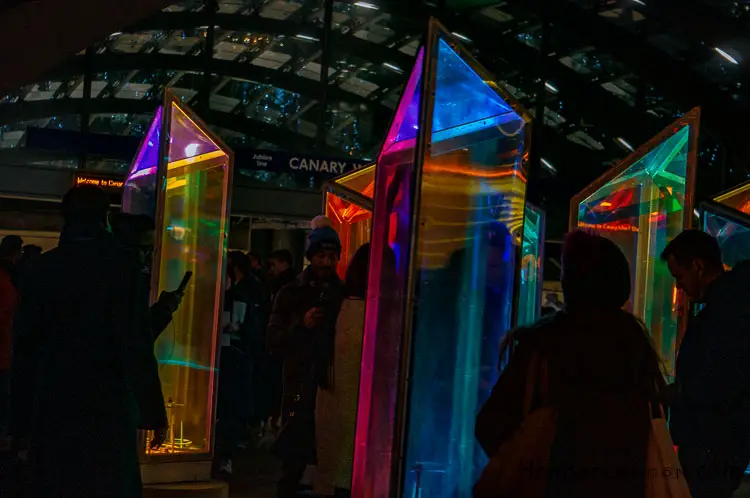 Prismatica spinning prisms at night at winter Lights, Canary Wharf