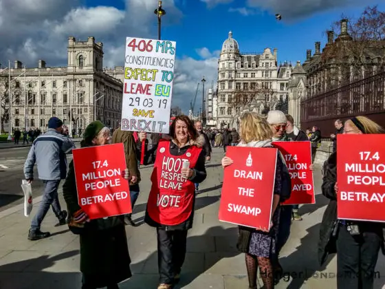 Brexit Culture: Flags and Signs Speak Out 7 3 women Brexit Protestors