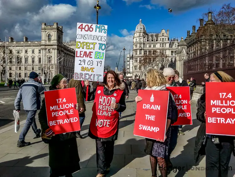 Brexit Culture: Flags and Signs Speak Out 18 3 women Brexit Protestors