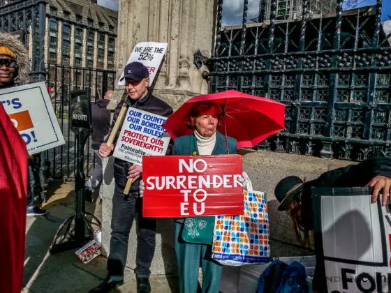 Sign saying No Surrender to EU protestors parliament