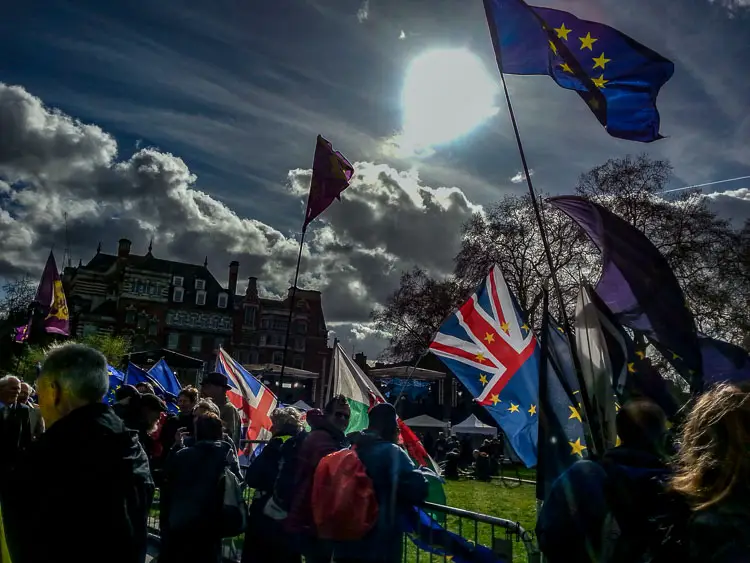 Brexit Culture: Flags and Signs Speak Out 20 March skies Brexit activists