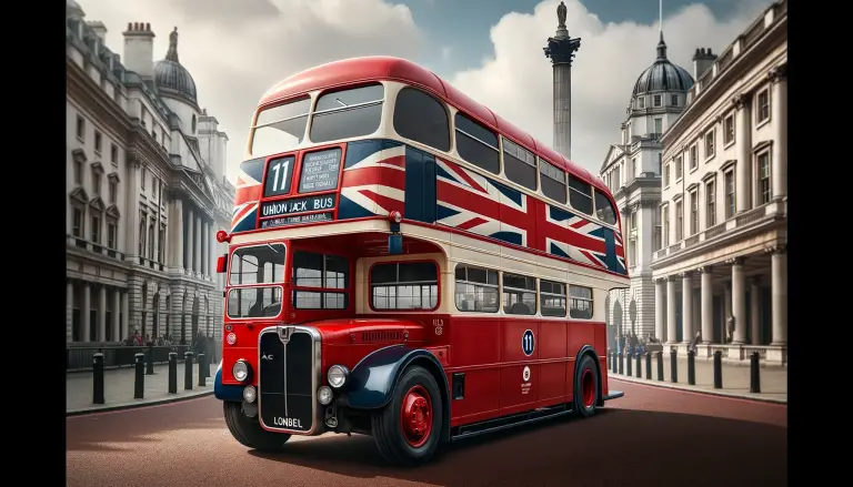 vintage AEC Regent III double-decker bus, painted from bumper to bumper in the Union Jack