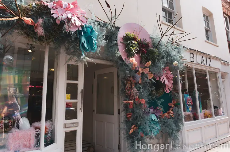 The definitive list of all 88 entries at RHS Chelsea in Bloom 2019 Flower Show 73 Store front of Blaiz in bloom rubber plant style leaves in pastel shades