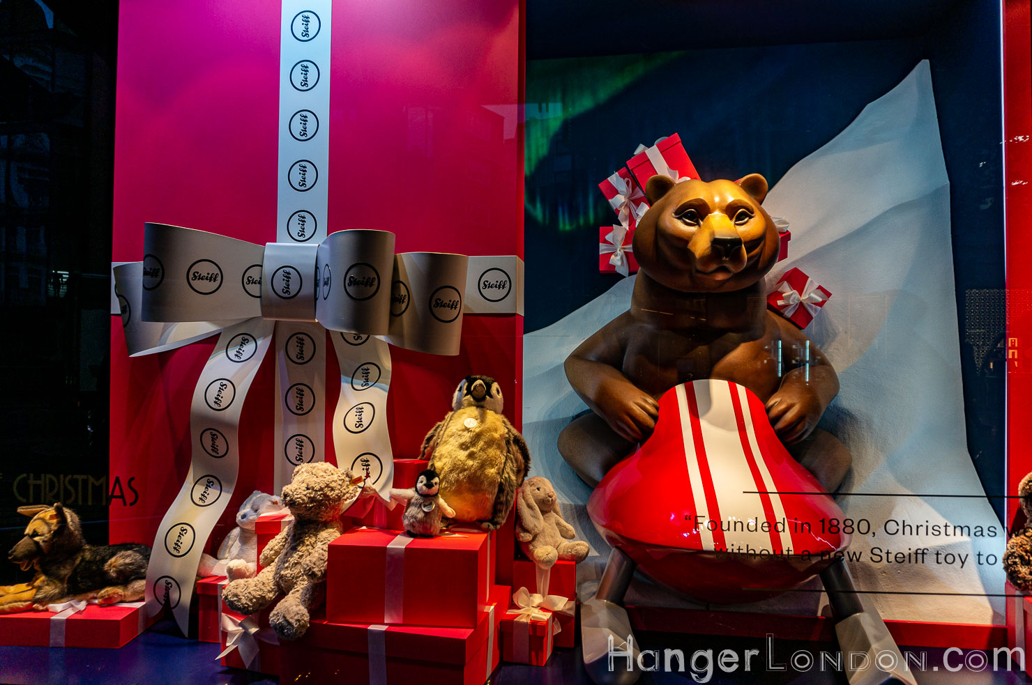 Harrods Steiff Window Bear on sleigh