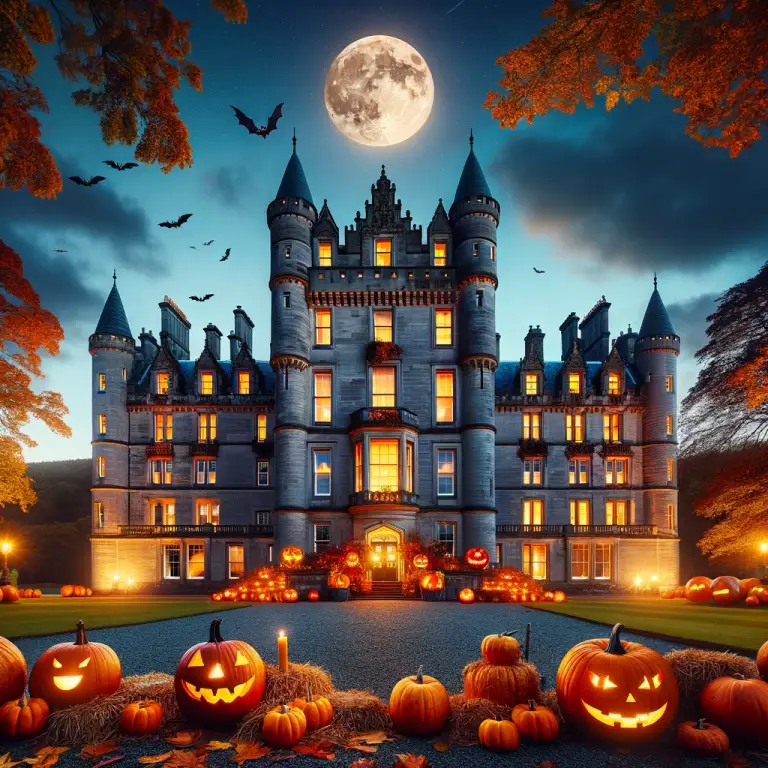 A majestic Balmoral Castle at dusk with a Halloween theme, pumpkins and autumn leaves scattered around, warm lights glowing from windows