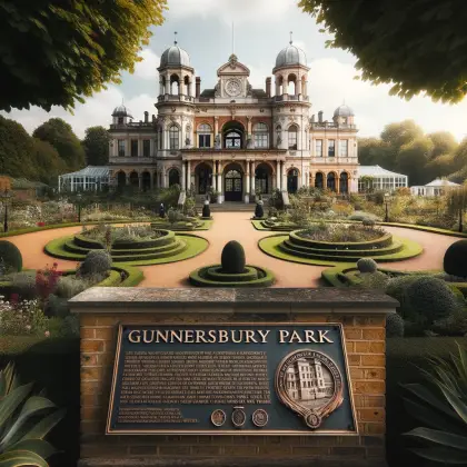 entrance to Gunnersbury Park, showcasing its stunning architecture and a glimpse of the magnificent gardens. A plaque near the entrance