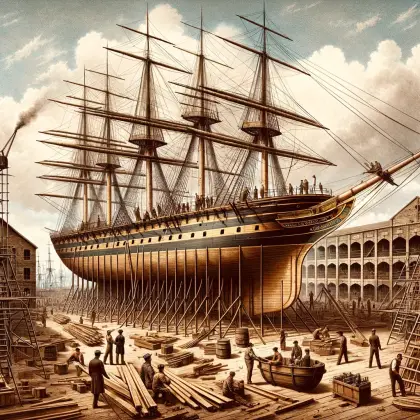 period ship - Illustration of the Cutty Sark, a 19th-century British clipper ship, being constructed at the Hercules, Scott and Linton shipyard.