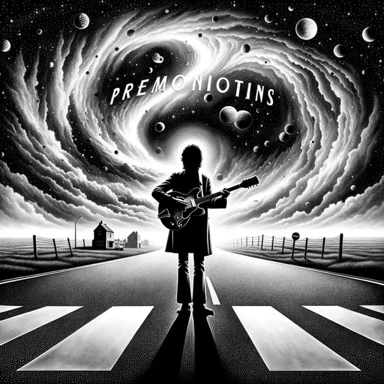 Artistic representation of a silhouette of Marc Bolan with a guitar, standing at a crossroad with the word Premonitions looming in the sky