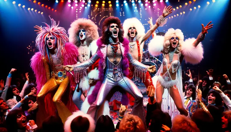 Photo of a vibrant 1970s concert scene showcasing the essence of Glam Rock with flamboyant performers in glittery costumes bold makeup and wild hair