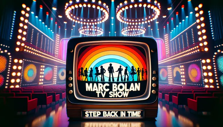 TV screen showing a vintage 1970s studio set with bold colorful lights and stage captioned The Iconic Marc Bolan TV Show - Step Back in Time