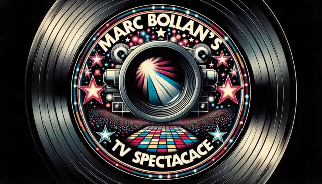 A vintage 1970s television camera focusing on a stage with disco lights stars and musical symbols The text Marc Bolans TV Spectacle