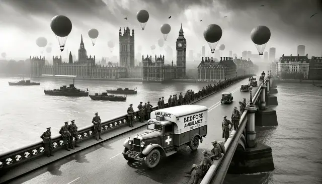 Bedford ambulance truck from the World War era on a London bridge, with the Thames River flowing beneath