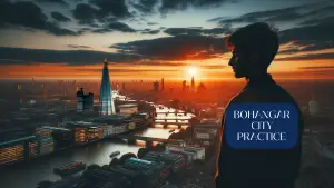 Photo of the London cityscape at sunset, highlighting iconic landmarks like the Shard and the London Eye. In the foreground, a silhouette of a person