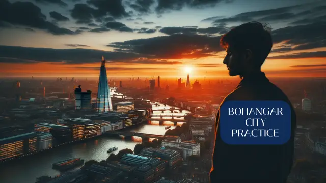 Photo of the London cityscape at sunset, highlighting iconic landmarks like the Shard and the London Eye. In the foreground, a silhouette of a person