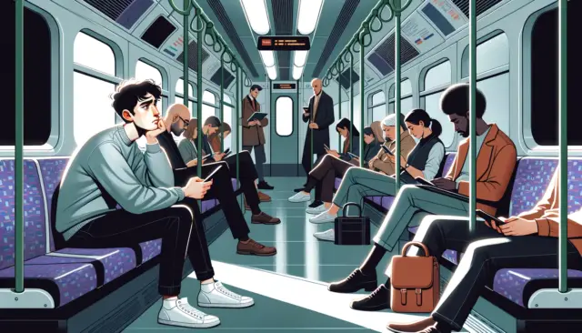 Illustration of a person sitting on a London underground train, looking pensive and lost in thought, surrounded by other passengers engrossed in their