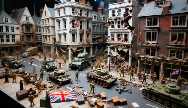 London during WW2. Miniature buildings, some with visible damages, set the backdrop. Toy soldiers, tanks
