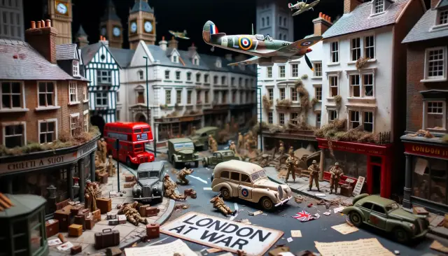 London during the WW2 era. Miniature buildings show signs of wear and tear from the war, with toy Spitfire
