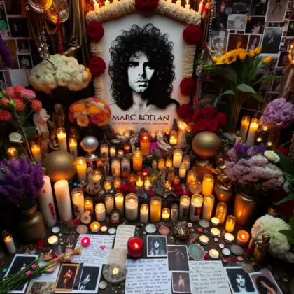 Photo of a serene shrine dedicated to Marc Bolan with candles flowers and heartfelt notes from fans capturing the essence of tribute and remembrance