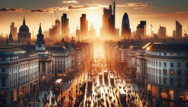 Photo of the London skyline at sunset, with silhouettes of busy people walking on the streets below, showcasing the hustle and bustle of the city