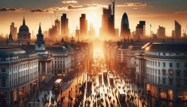 Considering Hypnotherapy in London? Why It Might Be Your Best Choice for Stress Relief 1 Photo of the London skyline at sunset, with silhouettes of busy people walking on the streets below, showcasing the hustle and bustle of the city