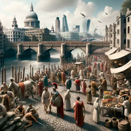 Roman London with centurions patrolling a newly built stone bridge over the River Thames, while locals in traditional attire barter