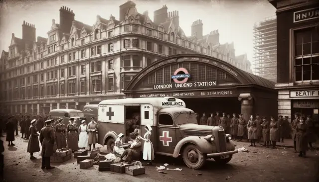 World War period Bedford ambulance truck parked near a London underground station serving as an air raid shelter
