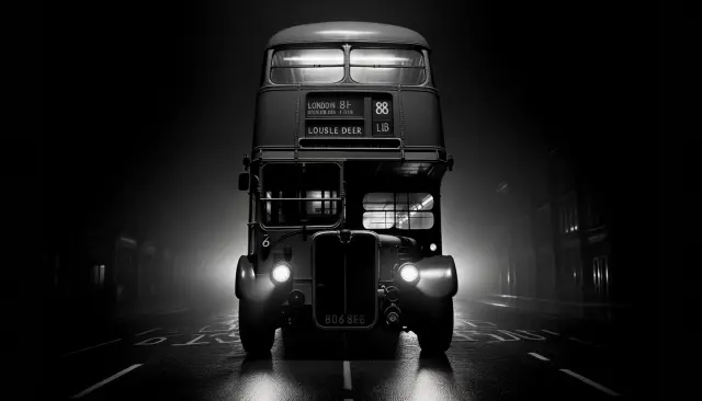 double-decker bus from World War II, route number 88, with 6 wheels, driving under the constraints of the blackout